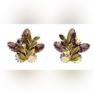 Vintage Gold Tone Clip On Earrings Amethyst and Clear AB Crystals Enamel Leaves